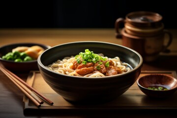 A steaming bowl of traditional Japanese Udon, garnished with green onions and served with a side of soy sauce, captured in a rustic setting