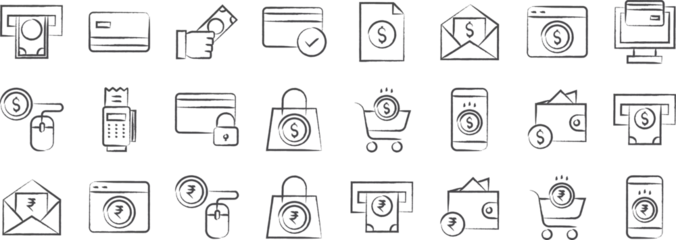 Fotobehang Budget and Money investment hand drawn icons set, including icons such as Atm Card, Atm, Cash Payment, File, Invoice, and more. pencil sketch vector icon collection © kiran Shastry