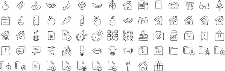Miscellaneous hand drawn icons set, including icons such as adjustment, Bookmark, Camera, Badge, and more. pencil sketch vector icon collection