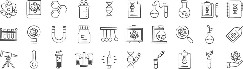 Science and experiments hand drawn icons set, including icons such as Physics, Atom, Cells, Dna, Magnet, Journal, Sprout, Syringe, and more. pencil sketch vector icon collection - obrazy, fototapety, plakaty