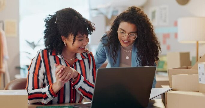Small business, success and people high five in office with delivery, boxes and profit. Support, teamwork and women with ecommerce, sales and online order with entrepreneur working in dropshipping