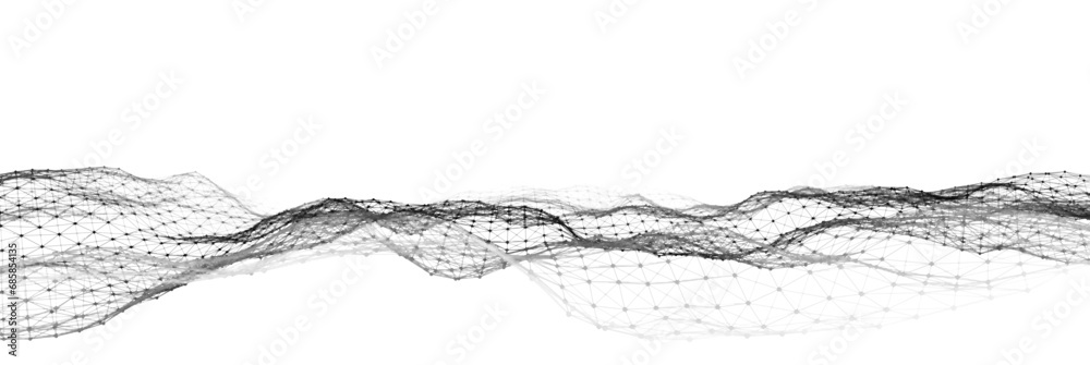 Poster Technology white wave of particles. Big data visualization. Analytics representation. Digital background. Vector illustration.