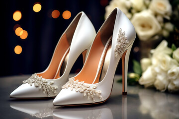 Graceful shoes for the bride's wedding dress are ondressing table. - obrazy, fototapety, plakaty