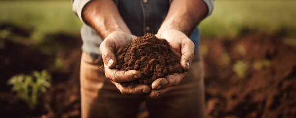 Dark soil in farmer hands. banner. Male hands touching soil on the field. - obrazy, fototapety, plakaty