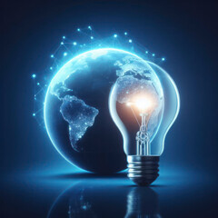 Light bulb and earth globe glowing on solid dark blue background. ai generative