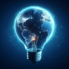 Light bulb and earth globe glowing on solid dark blue background. ai generative