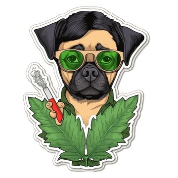 Pug dog with smoking pipe and marijuana leaf. illustration. Pet Sticker. Sticker. Logotype.