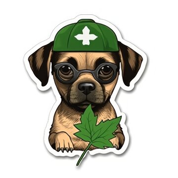 Cute puppy in a green baseball cap with a leaf. illustration. Pet Sticker. Sticker. Logotype.