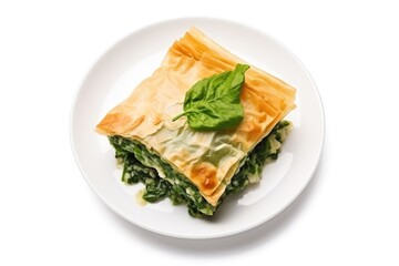 Greek Spanakopita. Flaky phyllo pastry with mixture of spinach, feta cheese, herbs on a white plate