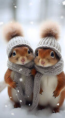 Pair of squirrels standing in the snow in their scarves on a winter morning.