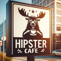 Positive Cartoon hipster moose with a mug of coffee on a cafe street sign on a sunny morning near office buildings