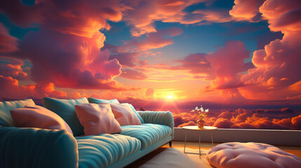 Beautiful sofa with cushions stands in a fantastic cozy place in the sky among the pink clouds. Paradise landscape. Concept of relaxation and pacification.