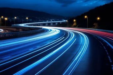 Foto op Plexiglas Blue curve car lights at night with long exposure © DK_2020