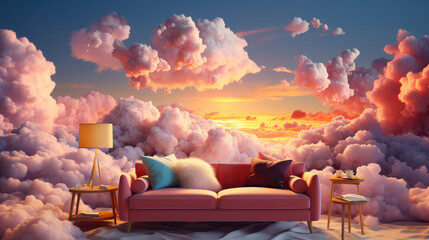 Beautiful pink sofa with cushions stands in a fantastic cozy place in the sky among the clouds. Paradise landscape. Concept of relaxation and pacification. - obrazy, fototapety, plakaty