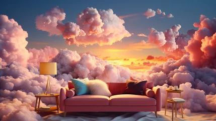 Foto op Canvas Beautiful pink sofa with cushions stands in a fantastic cozy place in the sky among the clouds. Paradise landscape. Concept of relaxation and pacification. © Anastasia Boiko