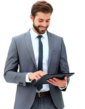 Business Man holding a Tablet or iPad, Texting or working by chatting.