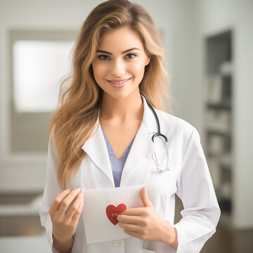 Young female cardiologist doctor with stethoscope holding red heart. Heart care and health concept