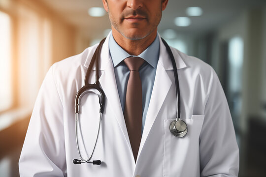 close up photo of doctor with stethoscope in hospital, healthcare concept