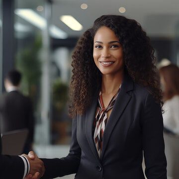 Professional woman shaking hands, job interview, african american woman, office