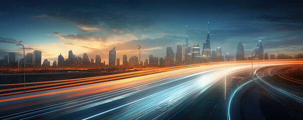 Obraz premium a city with light trails on a highway at night time, in the style of light teal and orange