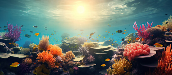 Amazing under ocean landscape with lots of fishes. Sunrays from above