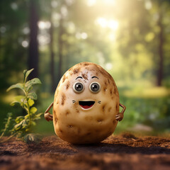 cartoon potato in the forest on a blurry background
