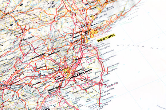 New York, United States - November 29, 2023: East Coast road map. Closeup macro view