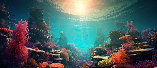 Amazing under ocean landscape with lots of fishes. Sunrays from above.
