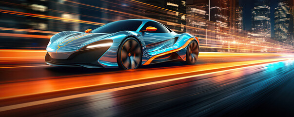 the futuristic elan concept car driving along a city road at night time, in the style of vray...