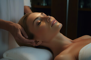 Top view close up of a beautiful woman relaxing at resort spa cente. therapist massaging her face. face therapy.