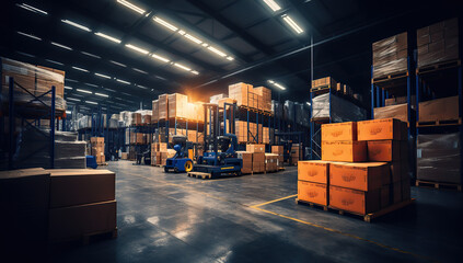 numerous boxes in a warehouse with pallets