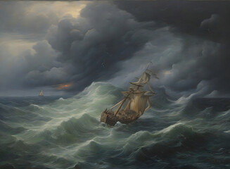 Storm at sea with a ship on the waves