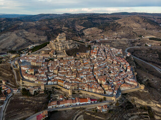 Morella Castle, Valencian Community, Spain. Aerial view with a drone.