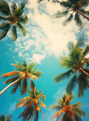 Fototapeta na wymiar view of palm trees in the sky, blue sky. warm vibrant colors.
