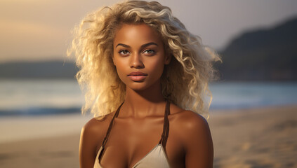 a blonde african woman on a beach in the style of dark bronze and light amber. backlit photography