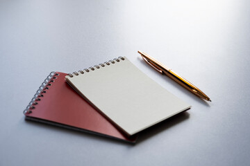 Side view on two small notepads and golden pen on the table