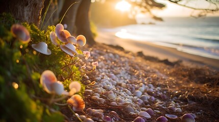 Ethereal defocused view capturing a coastal trail in spring, seashells strewn, sunlight