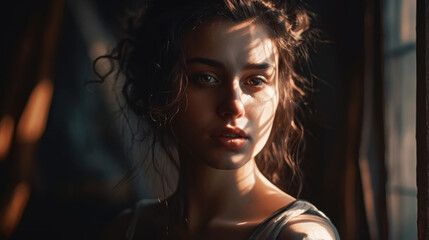 Serene young lady with a thoughtful gaze, half-lit by gentle sunlight, radiating natural beauty.