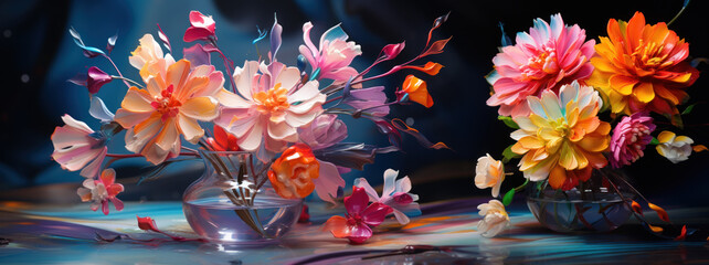 Bouquet of glowing colorful flowers on dark background