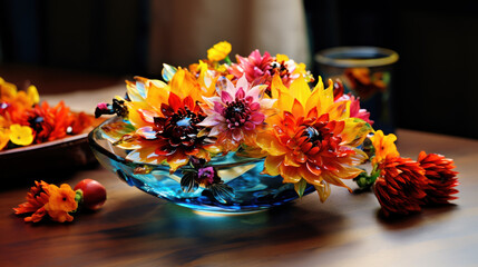 Bouquet of glowing colorful flowers on dark background