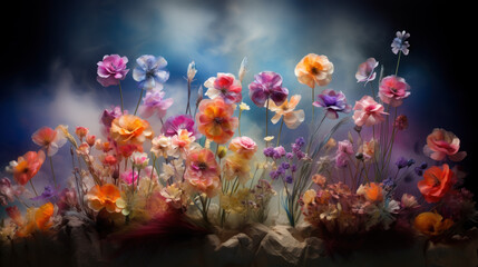Fototapeta na wymiar Unreal fantastic vibrant color blossoming flowers