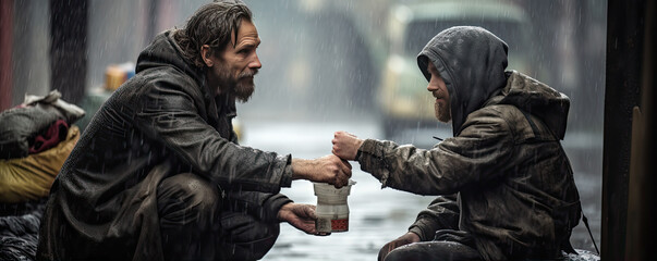 Man helping of giving money to homeless beggar sitting in road city - obrazy, fototapety, plakaty