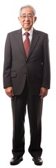 full body view of old senior asian male man with glasses wearing business suit . white background . generative ai