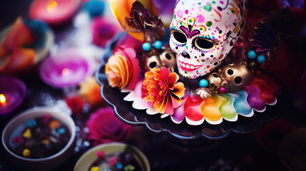 Colorful skulls with flowers on platter
