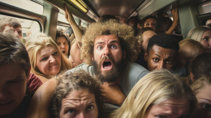 Young man having claustrophobia in public transport