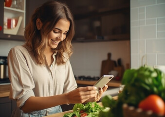 Positive adult girl browsing Internet on smartphone