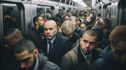Tired unhappy people jammed in subway, rush hour