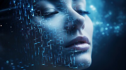 woman futuristic 3d digital face with blue pixel overlay, artificial inteligence, AI, machine learning concept