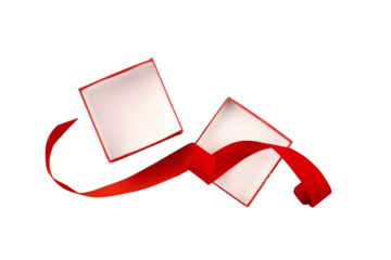 Valentines day gift mockup with open present box and red ribbon. Red gift present box isolated on white background. Top view, Flat lay, copy space.