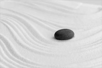 Foto auf Alu-Dibond Zen Sand Garden,Zen Garden with Grey Rock stone on White Sand Texture in Japanese Art stye,Nature Stone on wave circle lines pattern,Zen like concept,Background for Spa Product © Anchalee